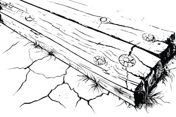 black and white illustration of wooden planks on cracked ground with small grass tufts growing.