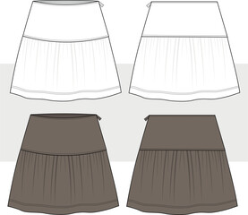 Women's and Girls Tiered Mini Skirt fashion technical drawing, illustration. Boho style mini skirt vector. Front and Back view. Cad, Mockup.