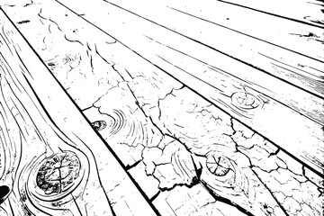 black and white illustration of wooden planks on cracked ground with small grass tufts growing.
