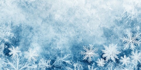 Winter frost background with ice crystals and snowflakes in blue tones