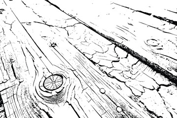 black and white illustration of wooden planks on cracked ground with small grass tufts growing.