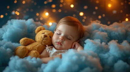 A newborn baby sleeping with teddy bear, in the night stars, blurred bokeh light background.