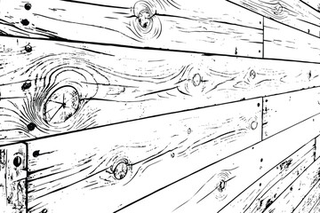 black and white illustration of wooden planks on cracked ground with small grass tufts growing.