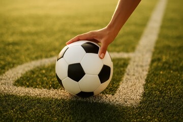 Hand female placing soccer ball on field corner line at sunset, close-up view before kick-off on green grass pitch