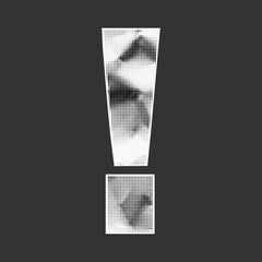 Grungy exclamation mark cut from crumpled paper. Jagged collage edges, gritty stipple halftone, ransom note punctuation.