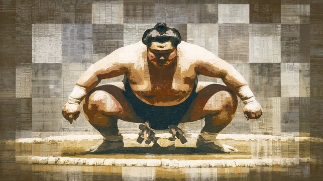 Illustration of sumo wrestler crouching on traditional dohyo ring platform