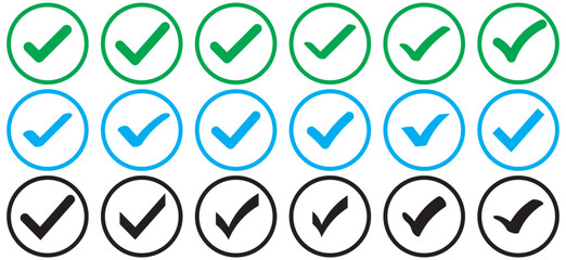 Green Check mark icon vector illustration in two variants. Approved, yes, confirm, done, vote, accept, tick, select, check box, and questionnaire green check mark button set circle and round shapes.