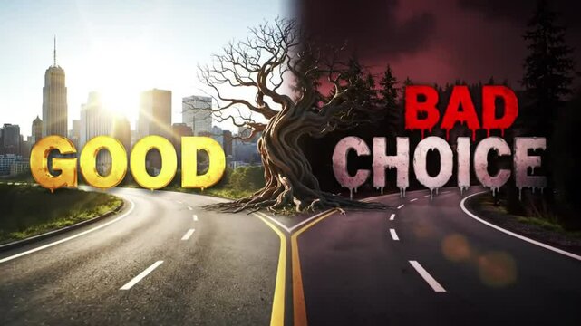 Fork in Road Divided by City and Forest Emphasizing Good Versus Bad Choices Tree at Crossroads and Contrasting Daylight