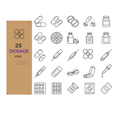 Pharmaceutical dosage forms Outline icon set. Editable stroke. Healthcare & Pharmacy Dosage Icons Collection. Vector illustration