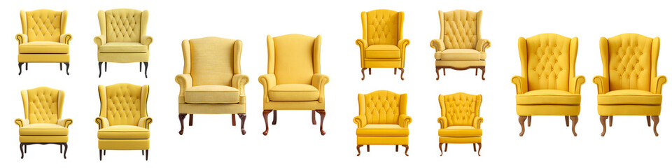 Fototapeta premium Yellow Armchair Collection Isolated on White, Wingback and Tufted Styles