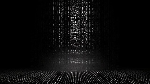 Futuristic video concept with a digital matrix style. Low-angle view of cascading binary code in a dark, immersive environment. Live desktop wallpaper.