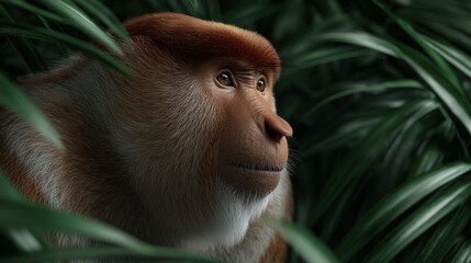 Proboscis monkey in a lush jungle.