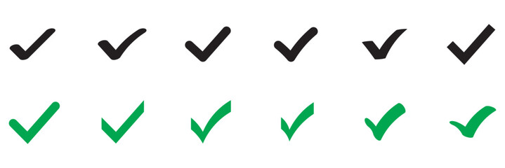 Green Check mark icon vector illustration in two variants. Approved, yes, confirm, done, vote, accept, tick, select, check box, and questionnaire green check mark button set circle and round shapes.