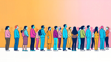 Modern Halftone Illustration of a Crowd in Line with Stylized Figures Waiting in a Colorful Queue