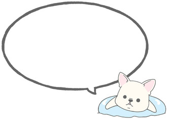 Speech bubble with illustration of a French bulldog floating in a swim ring (white)