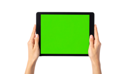 Hands Using Pinch to Zoom on Green Screen Tablet isolated on solid white background in Png form