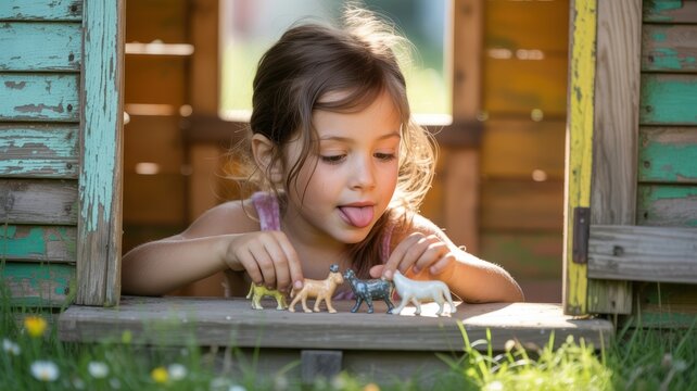 Young caucasian girl playing with toy animals in a wooden playhouse - Powered by Adobe