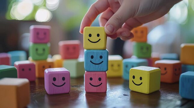 Colorful Smiley Face Blocks Stacked by a Child's Hand
