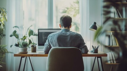 Caucasian man working on computer in serene home office