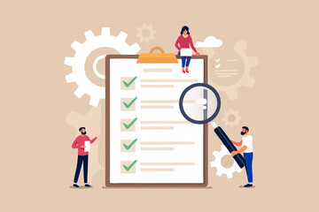 Teamwork on Checklist Project Management with Magnifying Glass