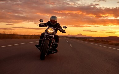 Naklejka premium Motorcyclist Riding on Open Road During Golden Sunset