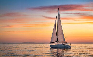 Sailboat Journey at Sunset with Serenity on the Open Sea