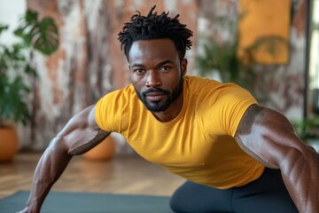 Sporty young man doing plank exercise in the living room, strengthening core body muscles, symbolizing dedication to fitness and physical health., Generative AI