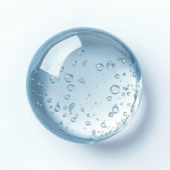 Blue serum liquid clear transparent hydro alcoholic gel drop including bubbles on white background
