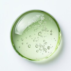 Aloe vera sphere drop gel texture on the surface, green liquid gel moisturizer with bubbles inside the liquid on a white background