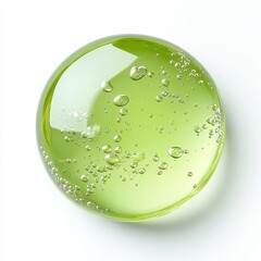 Aloe vera sphere drop gel texture on the surface, green liquid gel moisturizer with bubbles inside the liquid on a white background