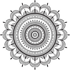 Intricate black and white mandala design with symmetrical floral patterns and geometric elements