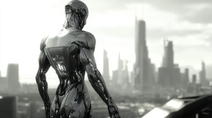 Naklejka premium Robot observing futuristic cityscape during daytime