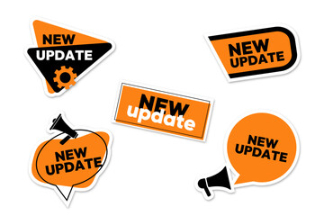 a set of orange stickers with a new update with megaphone gear items for posters