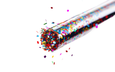 Close-up view of a party blower and colorful confetti streamer capturing the energy and celebration of festive moments isolated on transparent background PNG