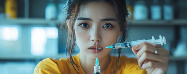 Anti-drug awareness, drug-addicted Asian young woman reaching for syringe, representing the dangerous cycle of substance abuse and the emotional toll it takes on individuals., Generative AI