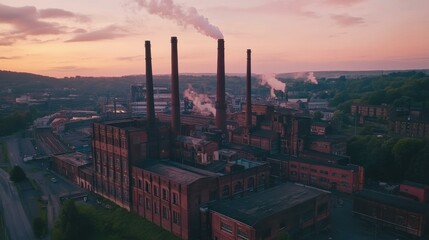 Obraz premium Industrial complex with brick buildings and smokestacks at sunset