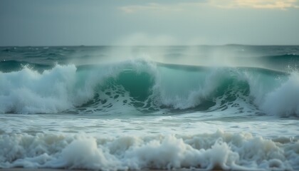 Fototapeta premium Dramatic ocean wave crashing on sandy beach during daytime