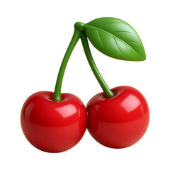 Glossy cherry icon with vibrant red color and green leaves, symbolizing freshness and sweetness