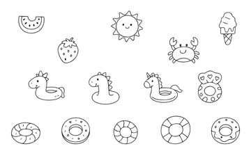 Hand drawn inflatable swimming rings and accessories for beach vacation. Inflatable toys for pool. Vector. Vector illustration