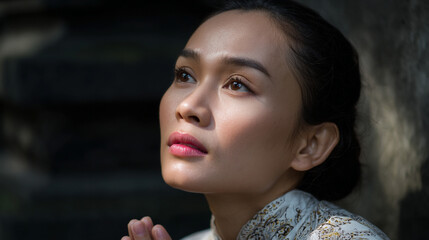 Beautiful Asian woman praying in a temple.