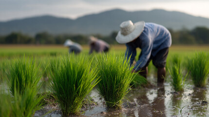 Farmers planting rice in fields.