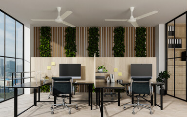 Sustainable office workspace with greenery and natural light. 3D render illustration