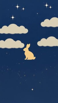 A full moon illuminates night sky, with silhouette of a rabbit in front. Stars twinkle around moon. Mid-Autumn festival