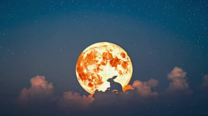 A large full moon illuminates night sky, with silhouette of a rabbit sitting on clouds. Mid-Autumn Festival, Chuseok