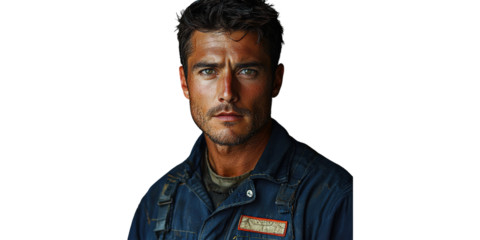 Male Worker In Blue Uniform. Industrial And Professional Portrait Isolated On Transparent Background