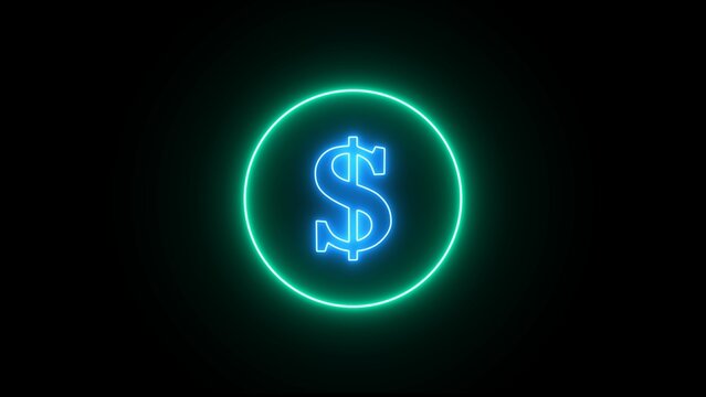 Neon blue color dollar sign with up arrow icon illustration. neon up arrow on black background.