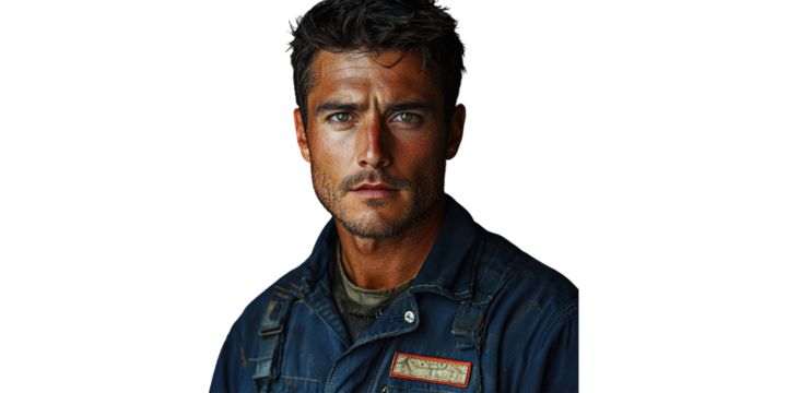 Male Worker In Blue Uniform. Industrial And Professional Portrait Isolated On Transparent Background