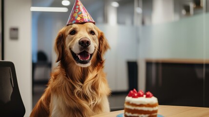 Golden Retriever wearing party hat with cake in office celebration