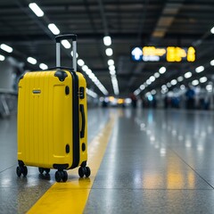 Fototapeta premium blurred background, lively yellow suitcase sits on the airport tarmac, unzipped and prepared for exciting travel experiences. yellow suitcase with black accents and wheels, a yellow line in an airport