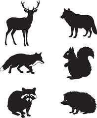 Collection of forest animal silhouettes including deer, wolf, fox, squirrel, raccoon and hedgehog